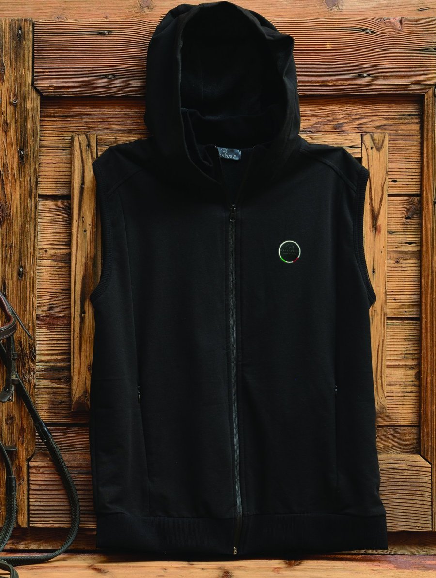 Black sleeveless sweatshirt with zip and hood, grey internal details.