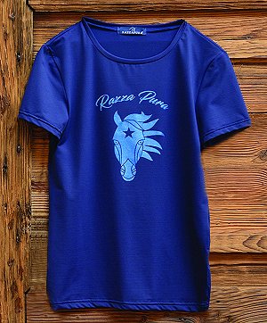 T-shirt blu con stampa testa di cavallo in glitter blu.