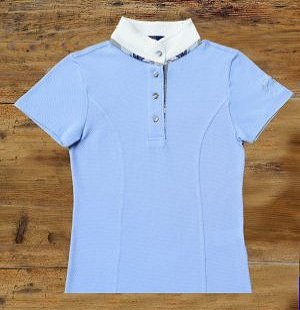 Polo coreana manica corta celeste, a nido d'ape, interni e filetto fantasia palme blu e grigia, bottoni ricoperti.