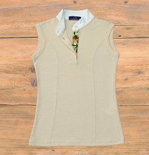 Polo coreana smanicata crema, a nido d'ape, interni in fantasia ananas gialla e verde.